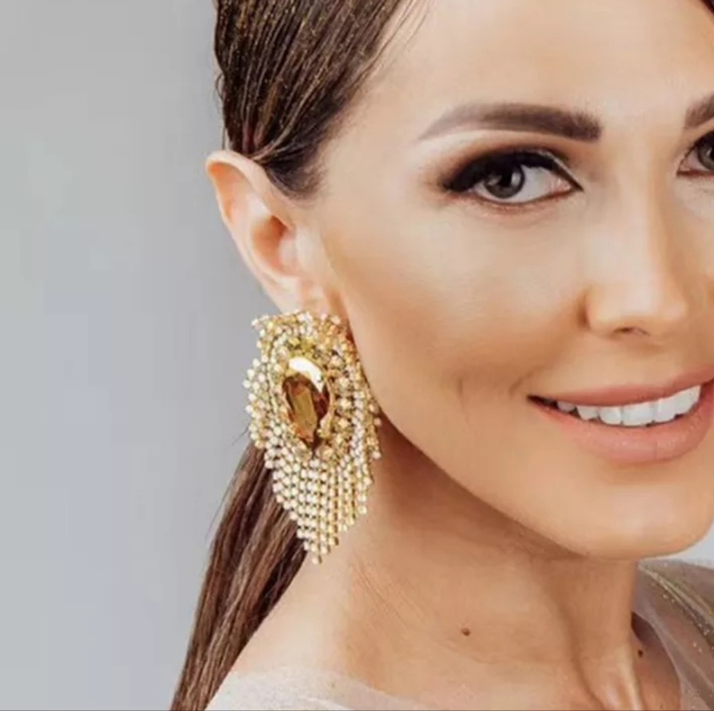 Exaggerated Rhinestone Statement Tassel Earrings